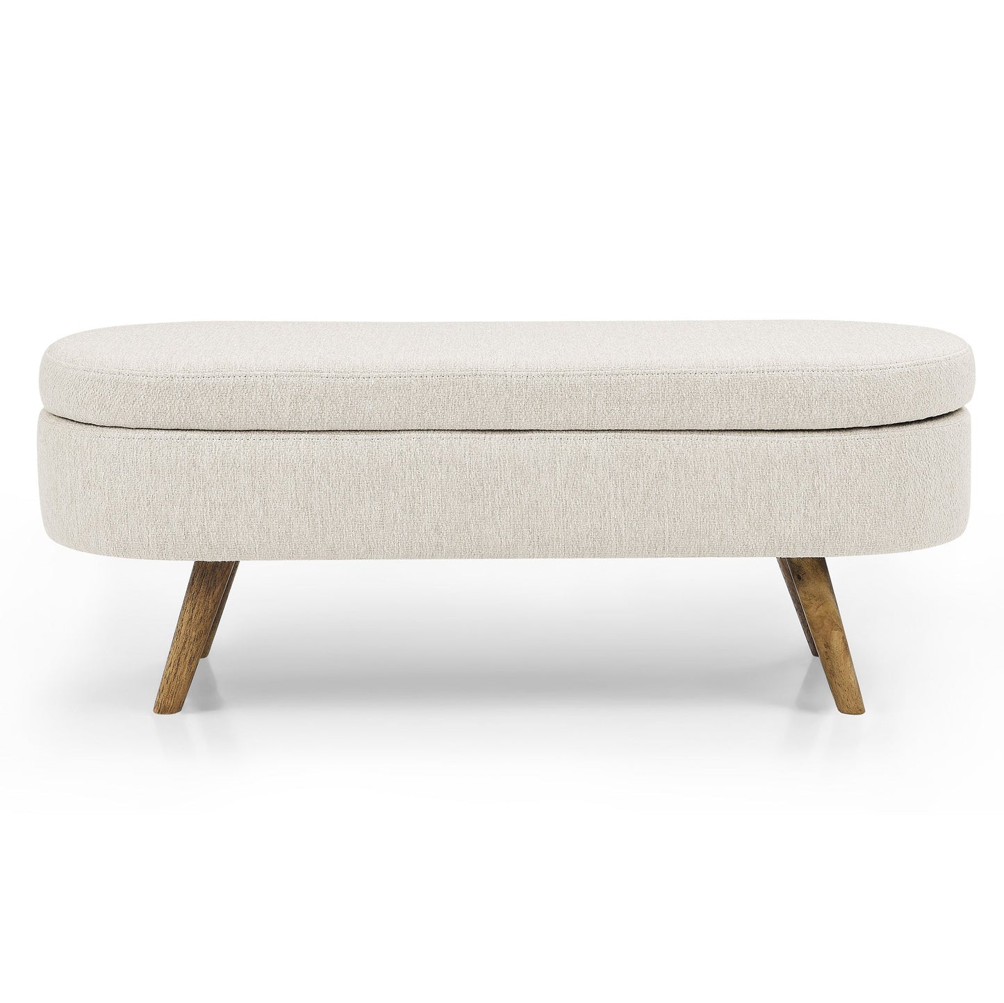 Beige upholstered bench with wooden legs on a white background