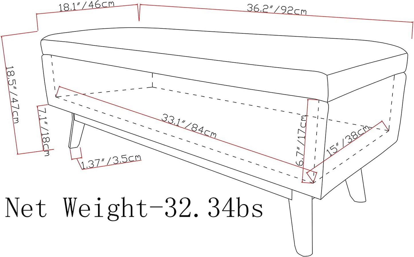 Measurement chart of a bench with dimensions in inches and centimeters, and a net weight of 32.34 lbs.