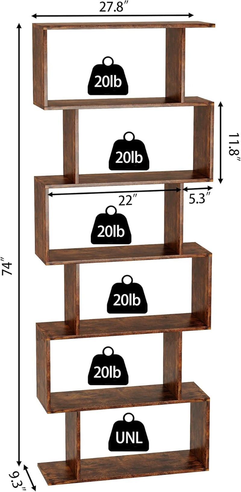 Wooden shelf with weight markers and dimensions on a white background