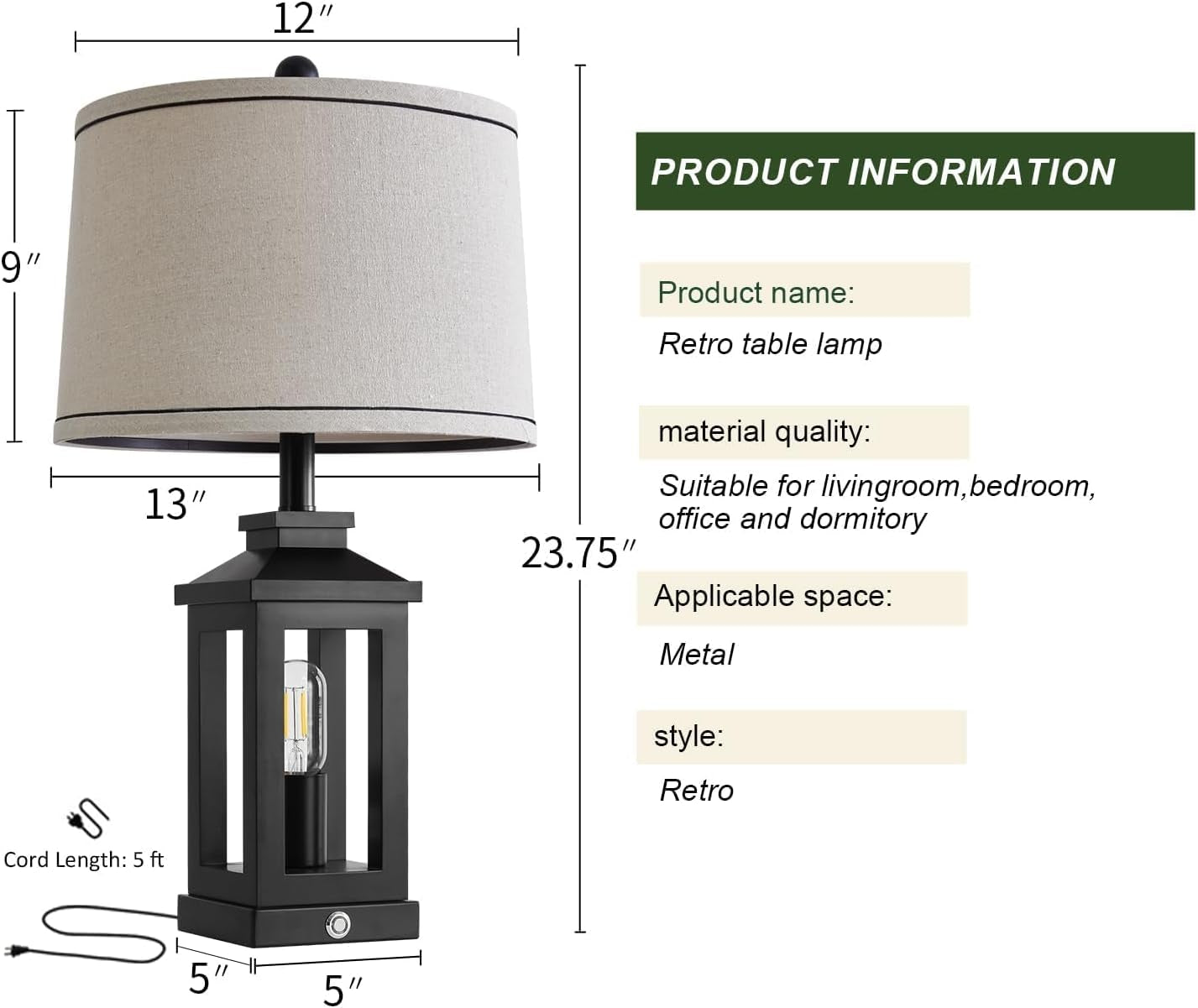 Retro table lamp with dimensions and product information on a white background