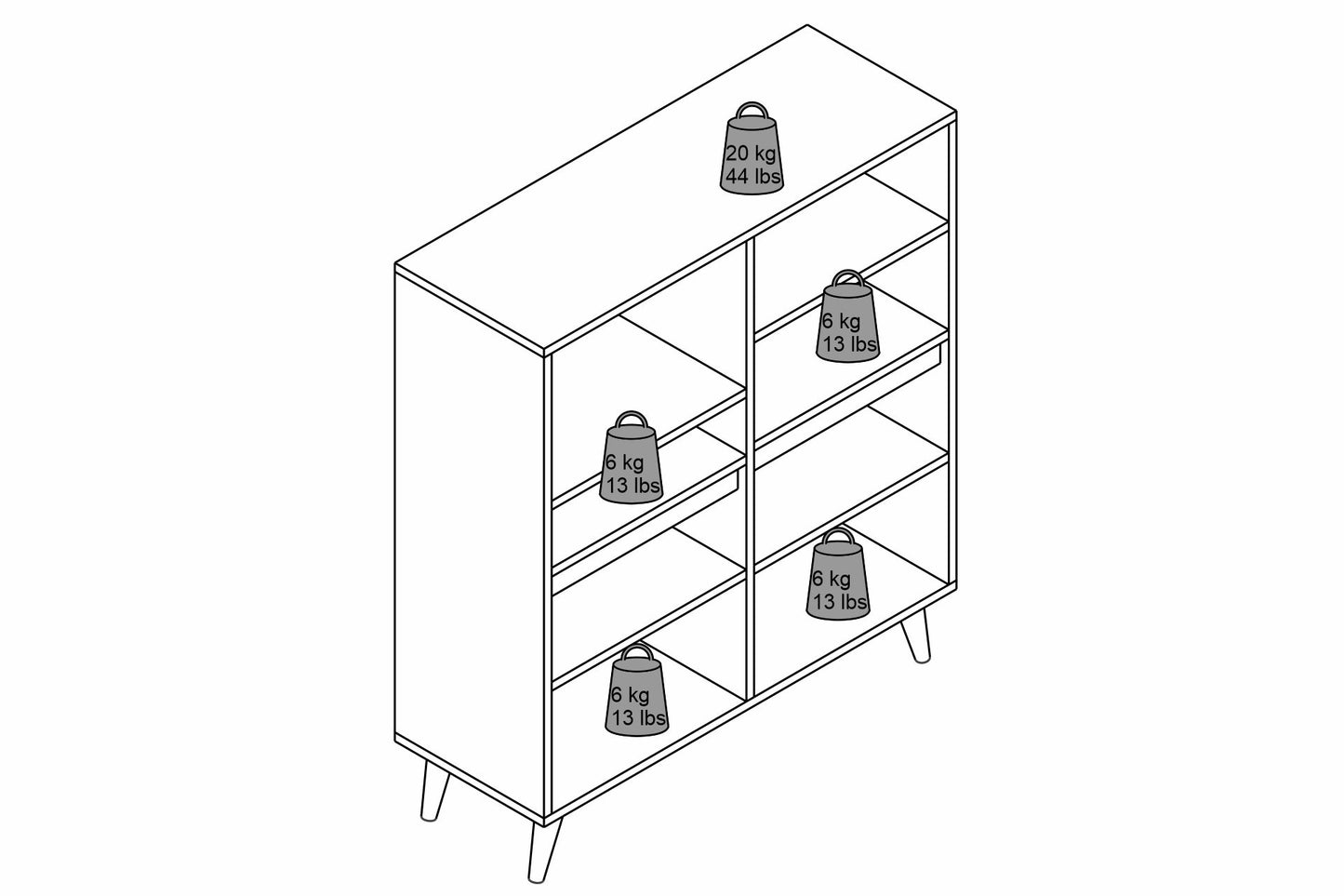 Line drawing of a storage cabinet with weight labels on shelves