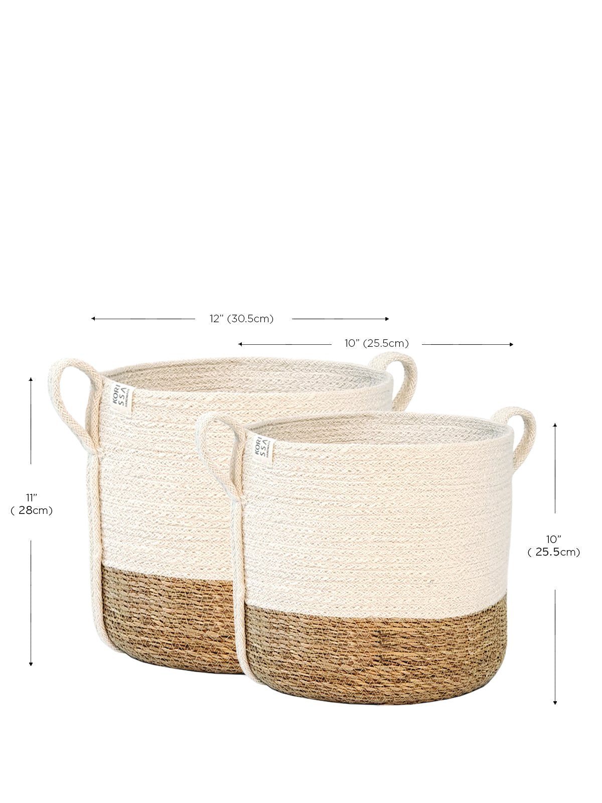 Two woven baskets with dimensions displayed on a white background