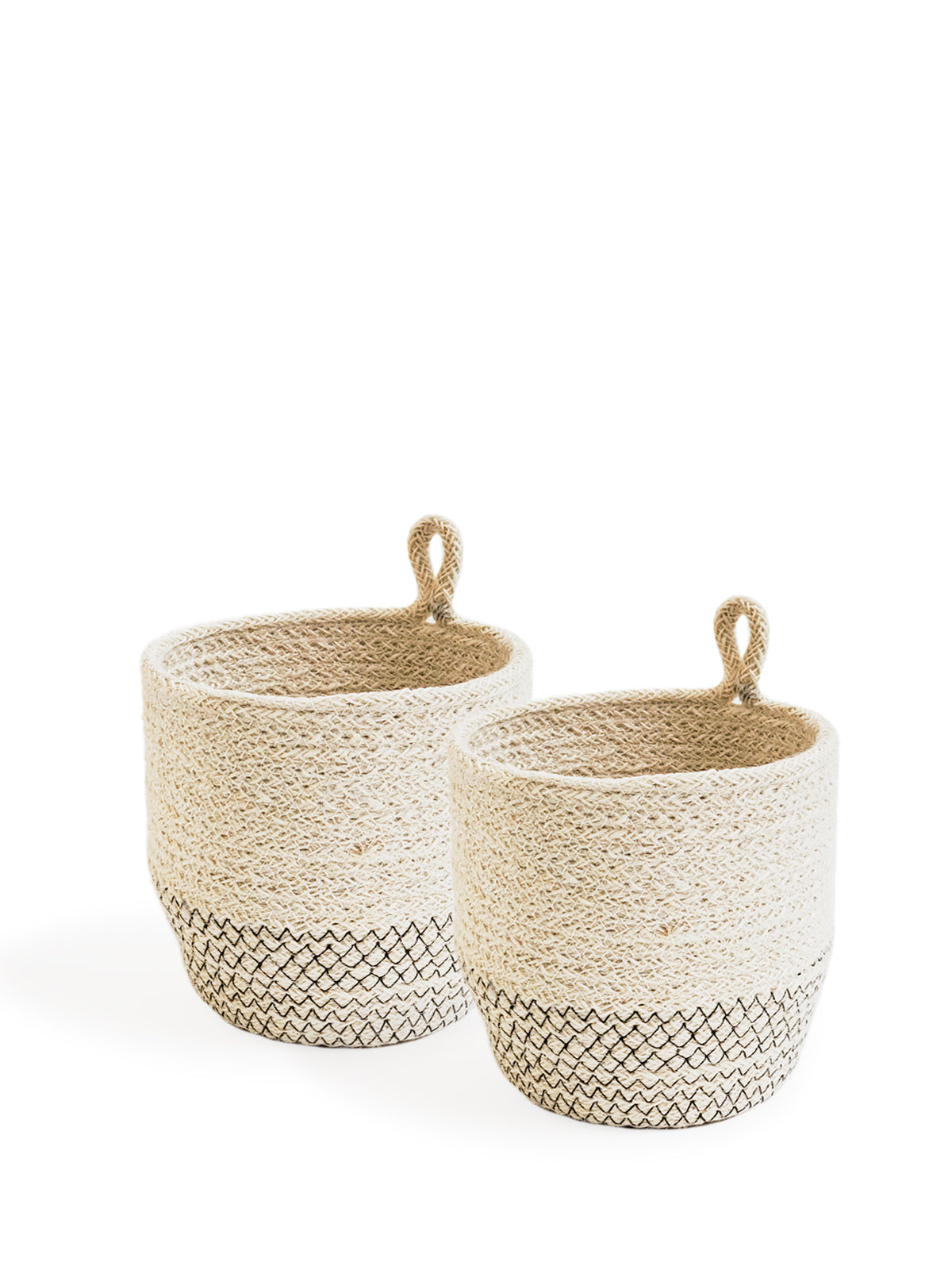 Two woven baskets with textured patterns on a white background
