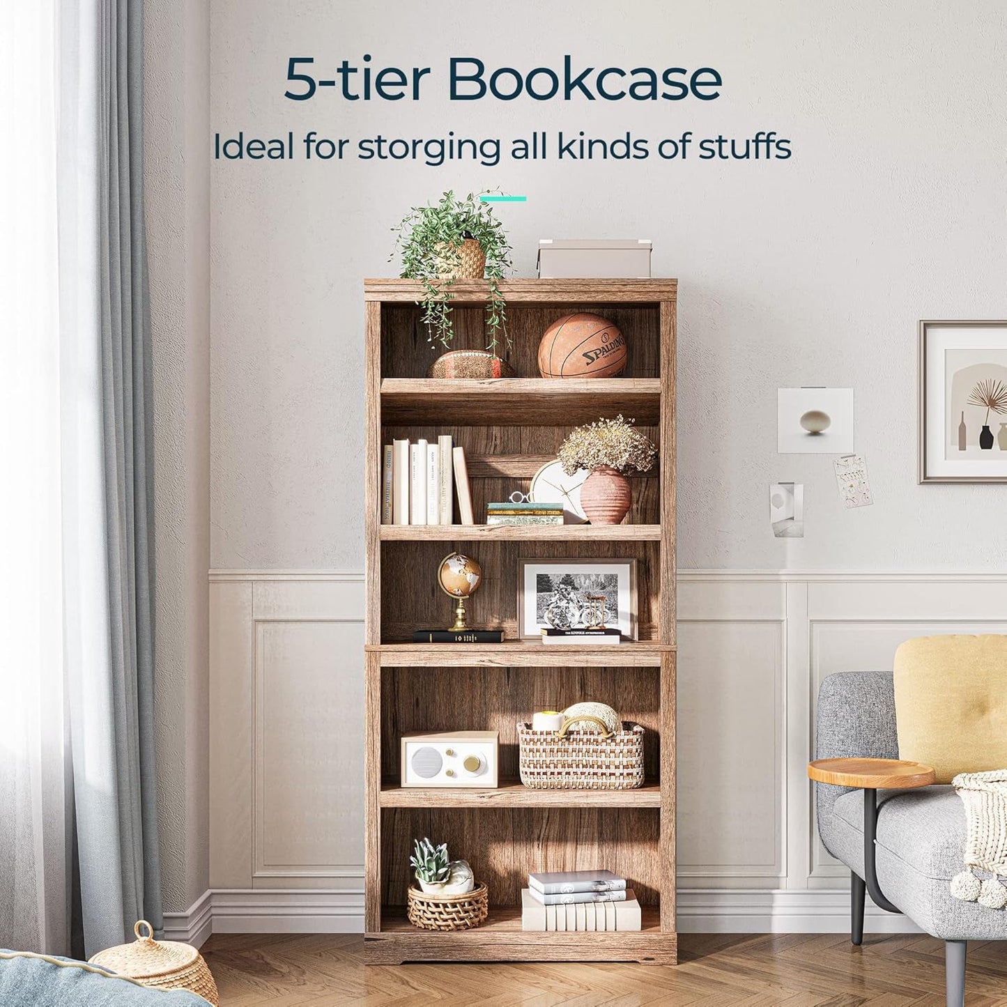 Wooden 5-tier bookcase in a room with decor items on shelves.