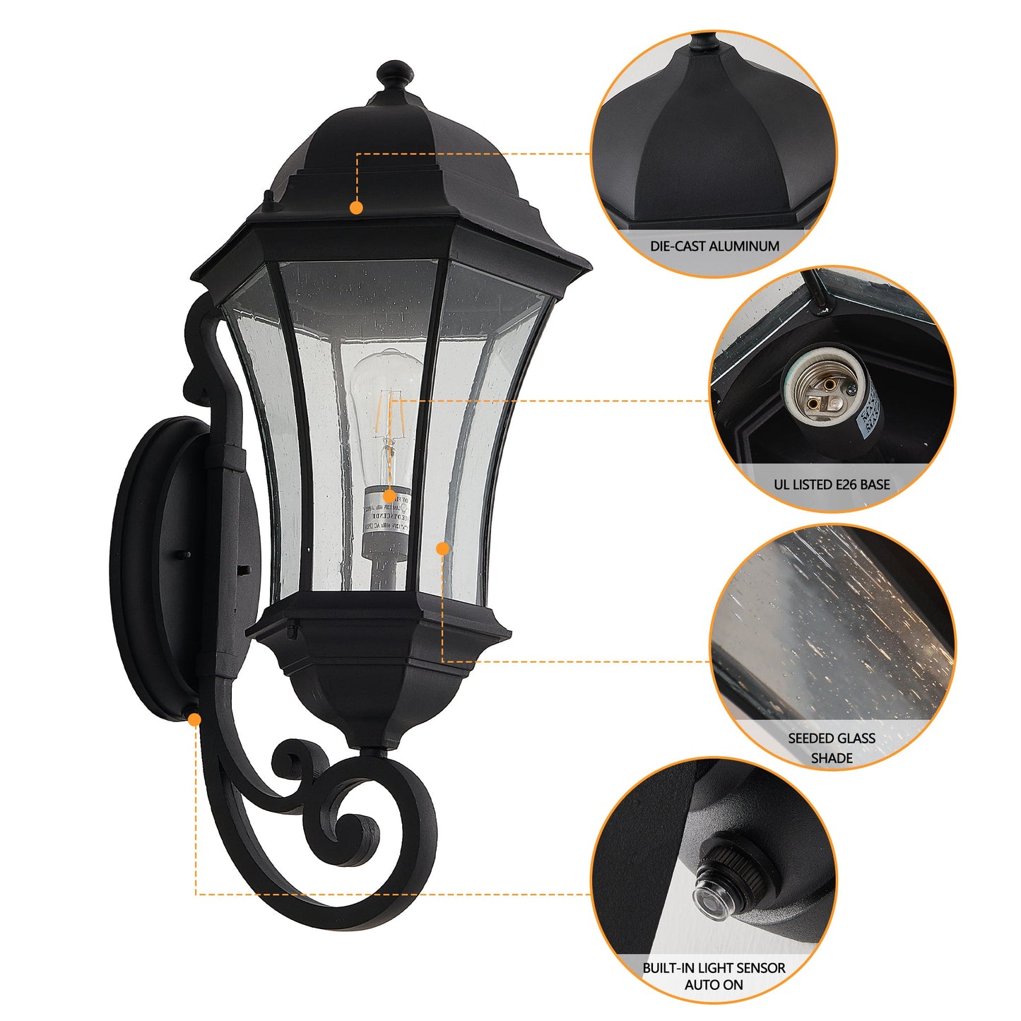 Black Outdoor Wall Lantern with Dusk to Dawn Sensor