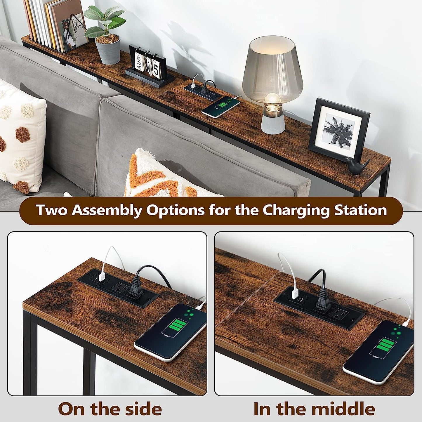 Industrial Sofa Table with Power and USB
