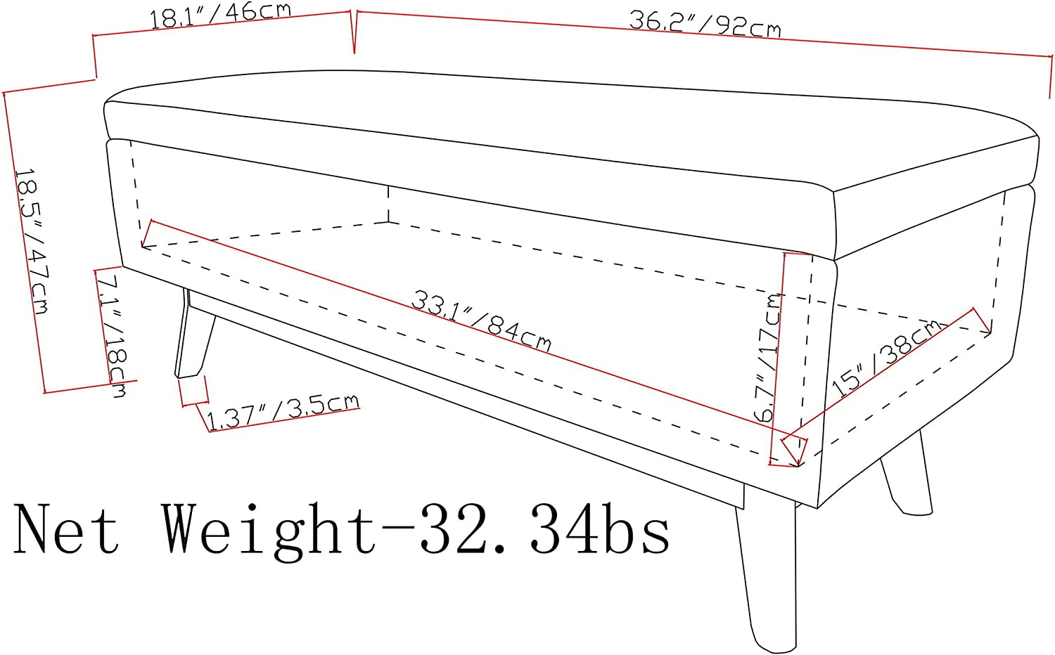 Measurement chart of a bench with dimensions in inches and centimeters, and a net weight of 32.34 lbs.