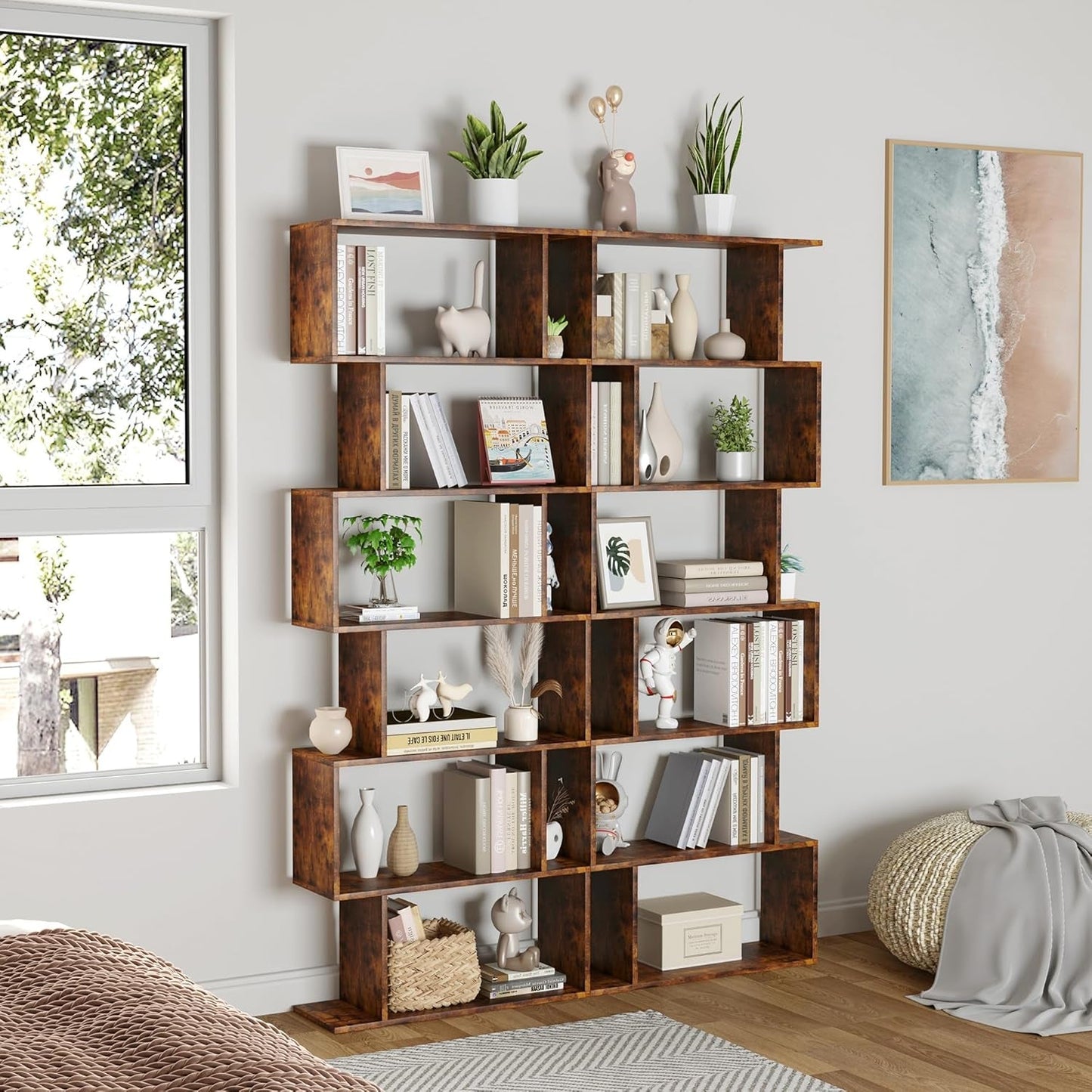 Wooden bookshelf with decorative items in a room with a window and wall art.