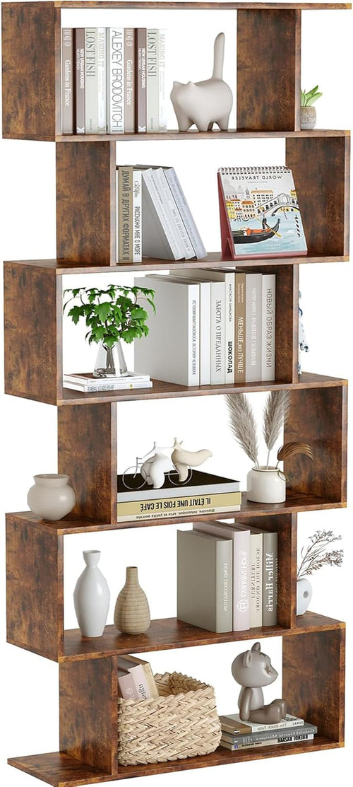 Wooden bookshelf with various decorative items on each shelf