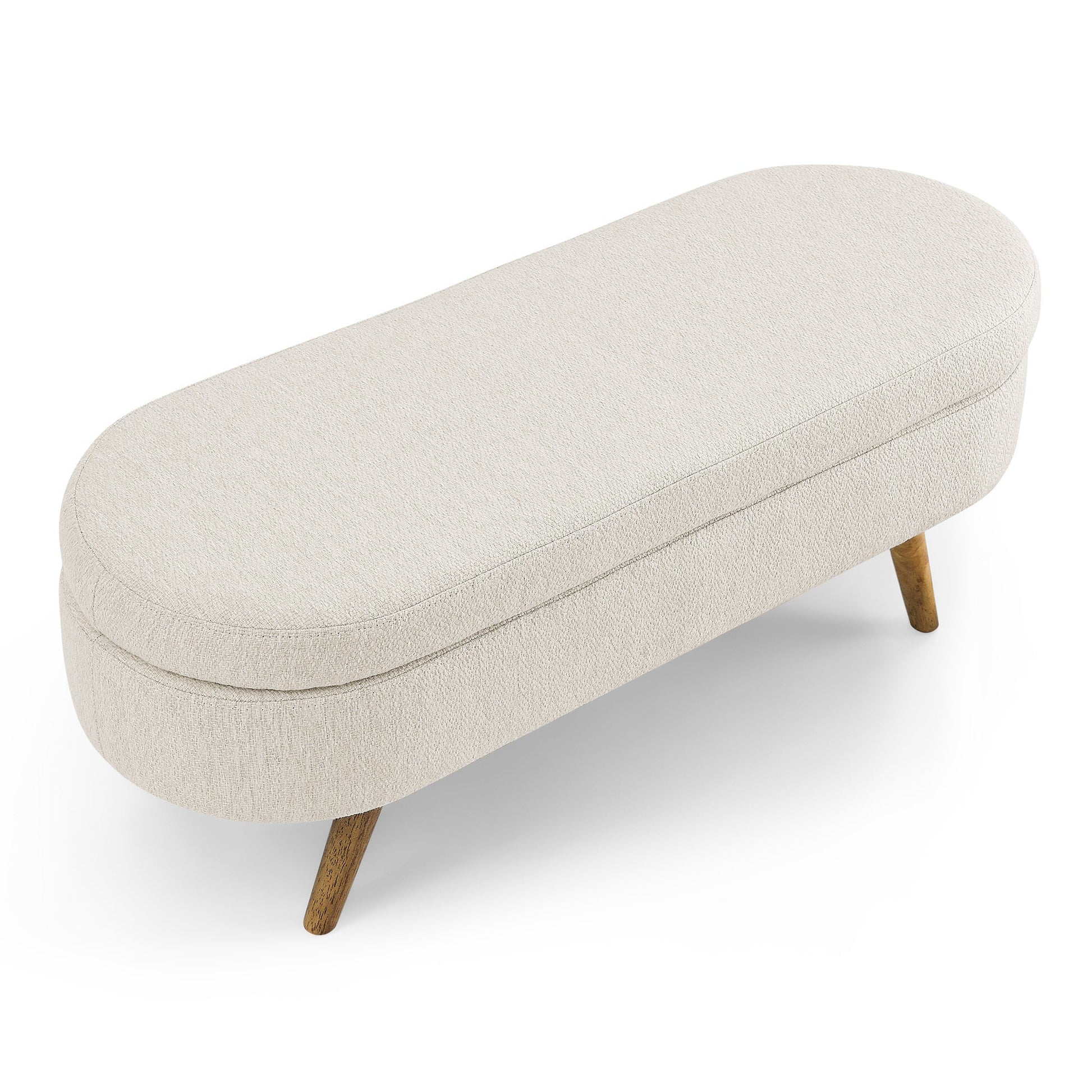 Beige upholstered bench with wooden legs on a white background
