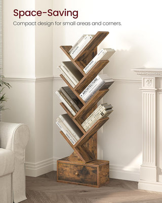 Wooden bookshelf with books in a room setting, labeled 'Space-Saving'.
