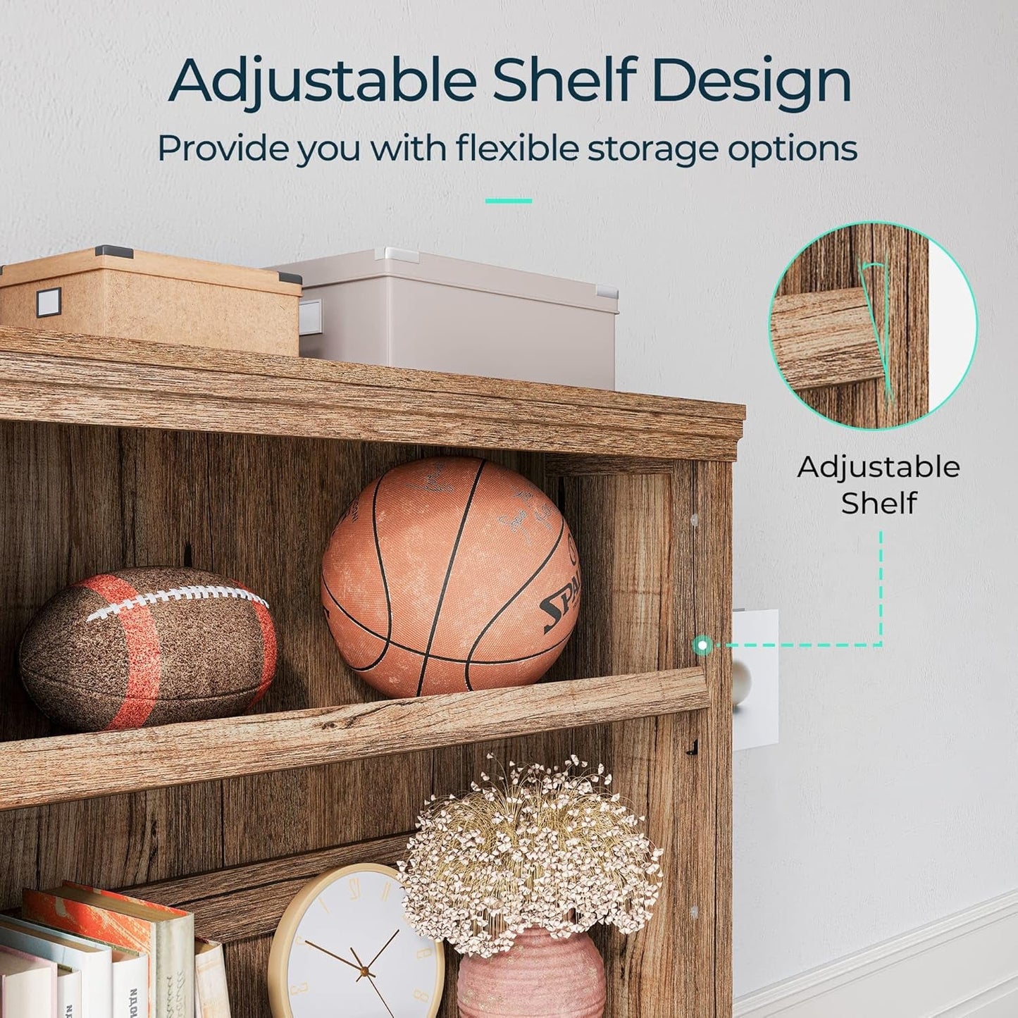 Wooden shelf with adjustable shelf design, basketball, football, and decorative items.