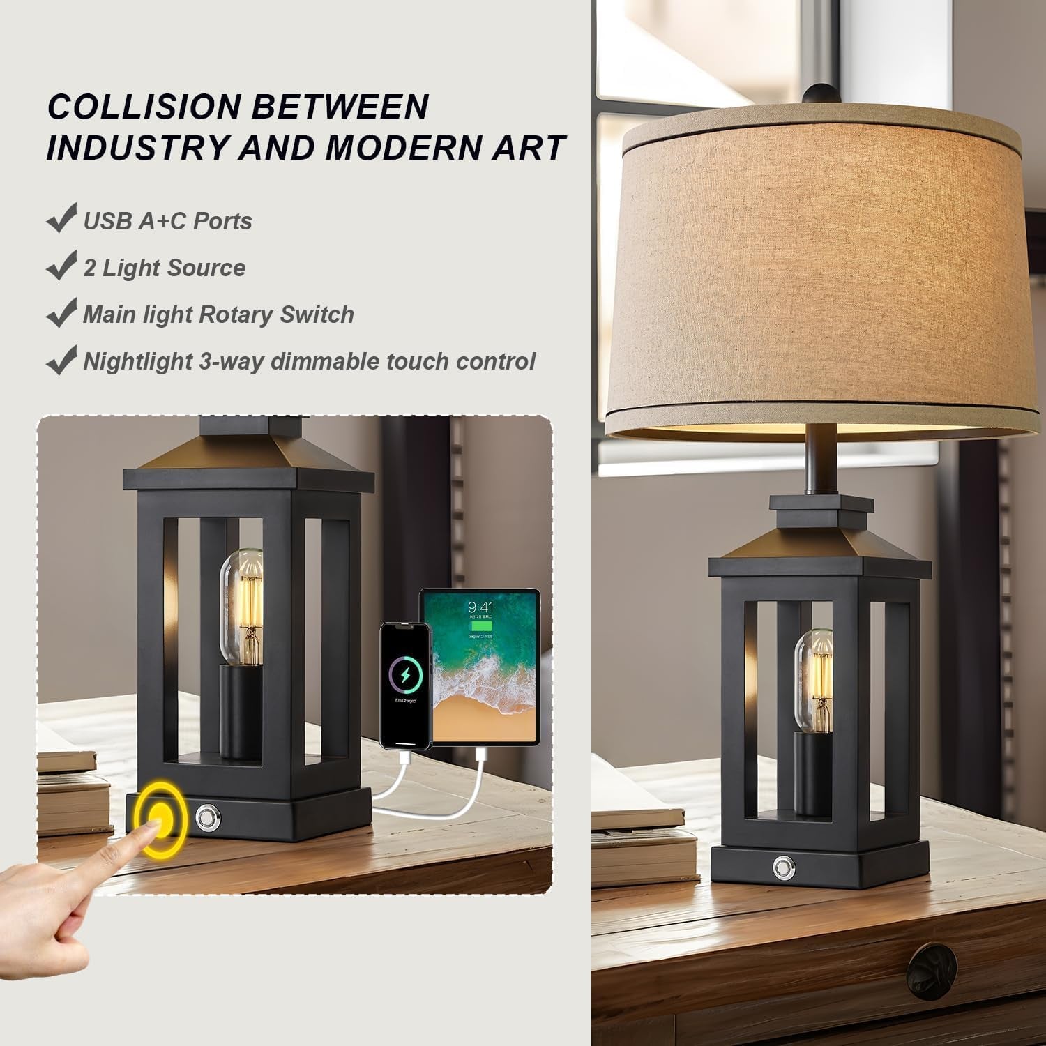 Modern table lamp with USB charging port and control features on a desk.