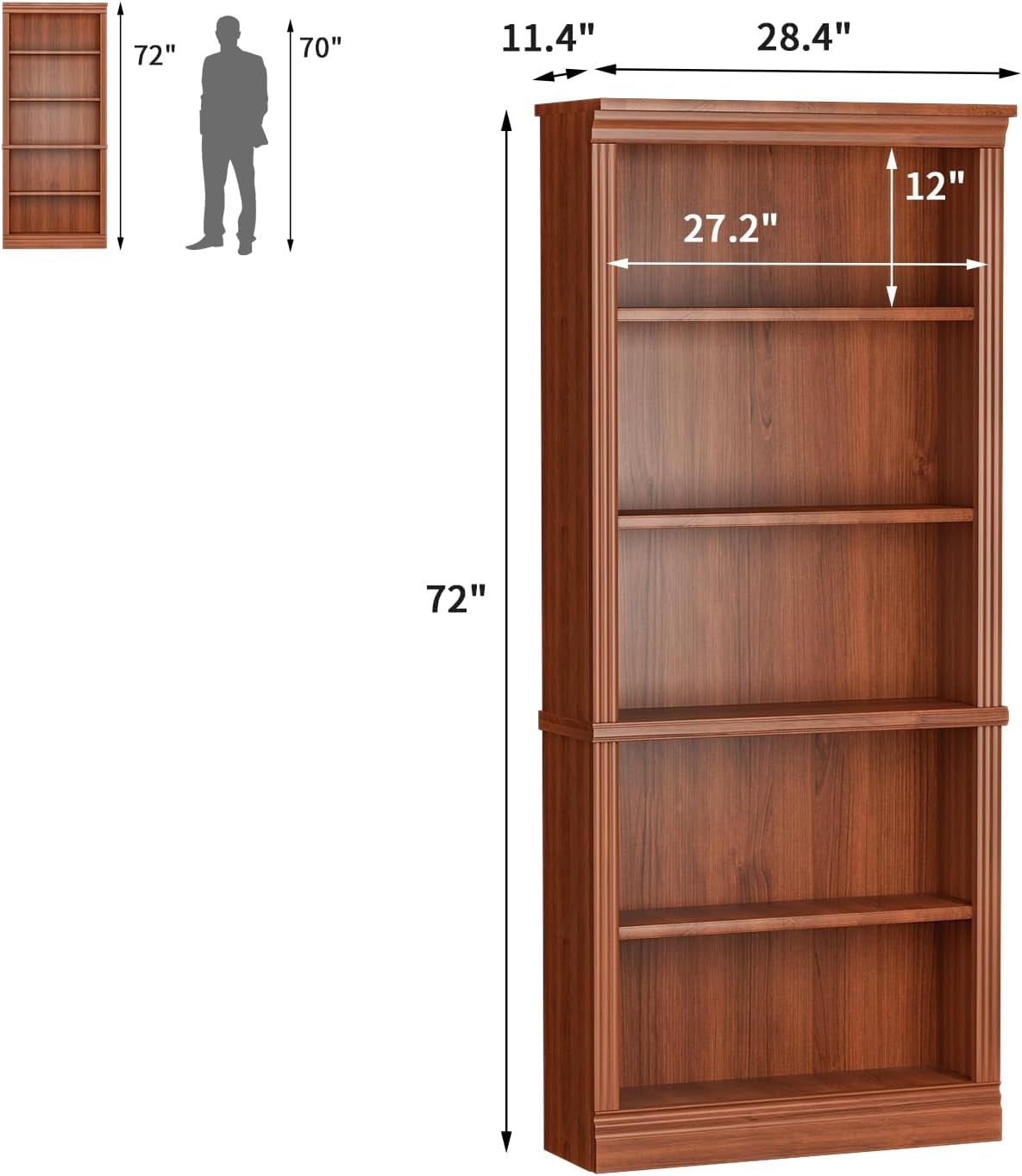Wooden bookshelf with dimensions labeled on a white background