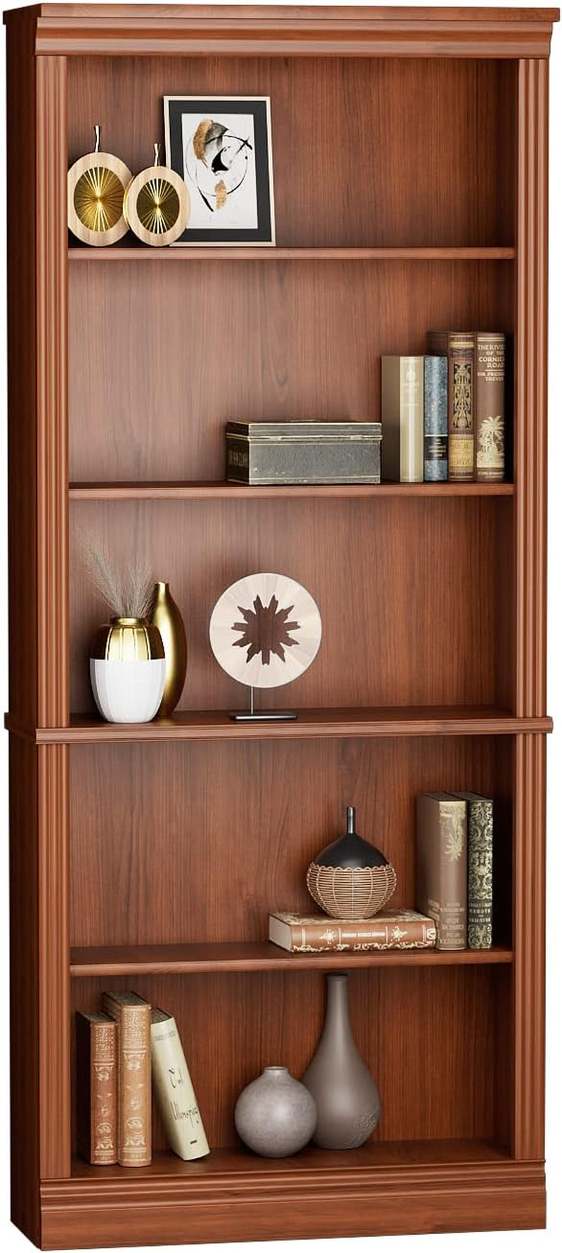 Wooden bookshelf with decorative items on shelves