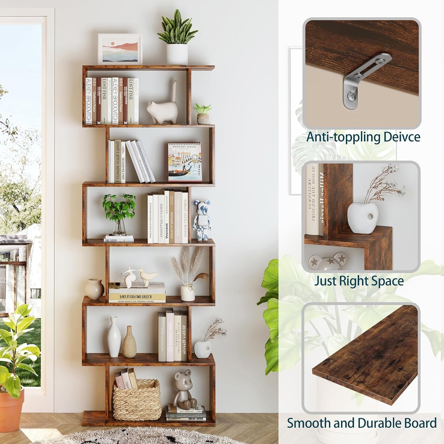 Wooden bookshelf with decorative items and close-up details on an indoor setting.