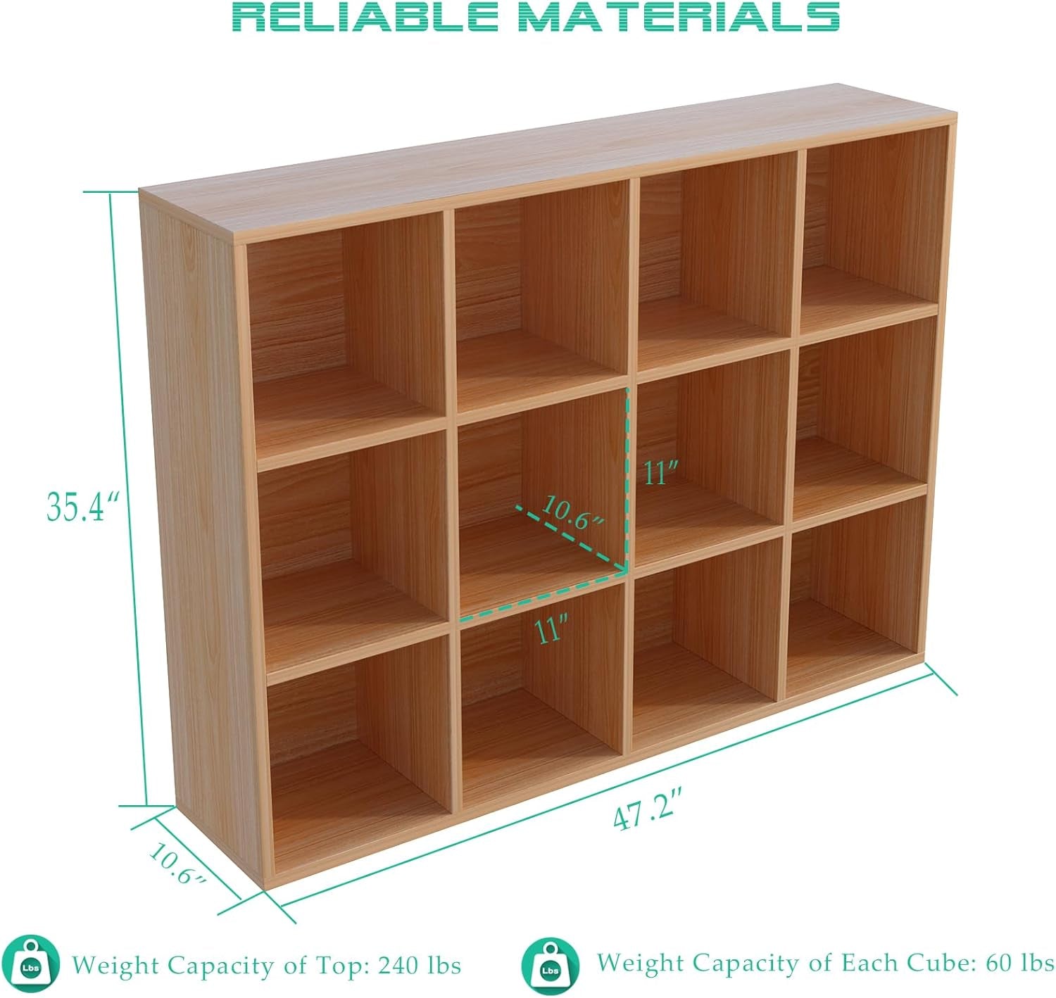 Wooden bookshelf with dimensions and weight capacity information on a white background
