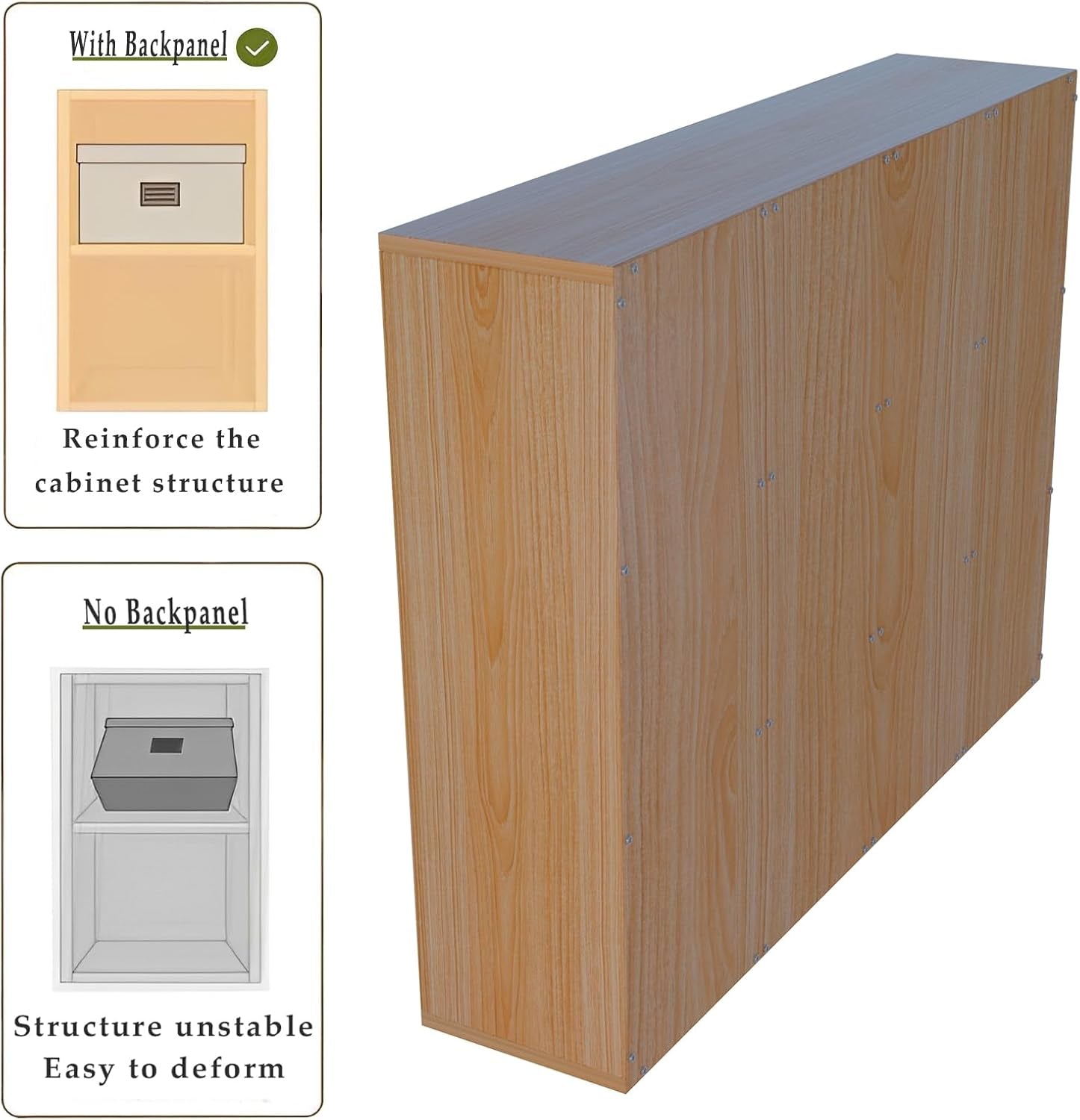 Wooden cabinet with and without a backpanel on a white background