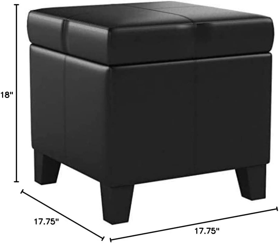 Black storage ottoman with dimensions labeled
