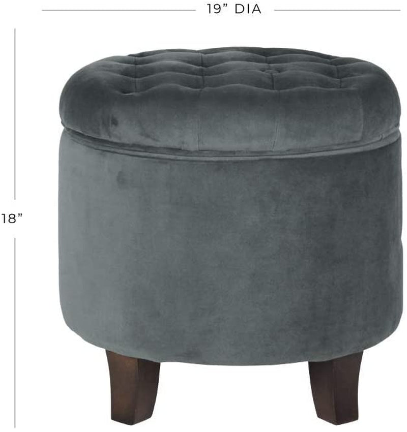 Gray tufted ottoman with dimensions on a white background