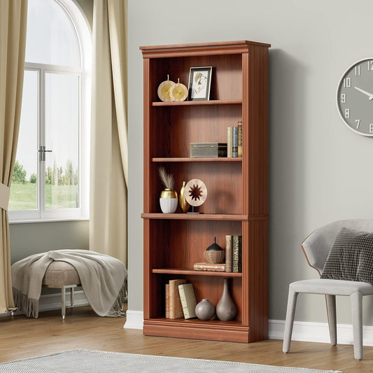 Wooden bookshelf with decorative items in a room with a window and chair.