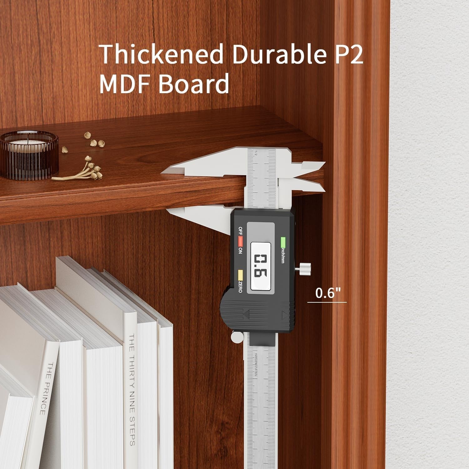 Digital caliper measuring a wooden shelf with 'Thickened Durable P2 MDF Board' text.