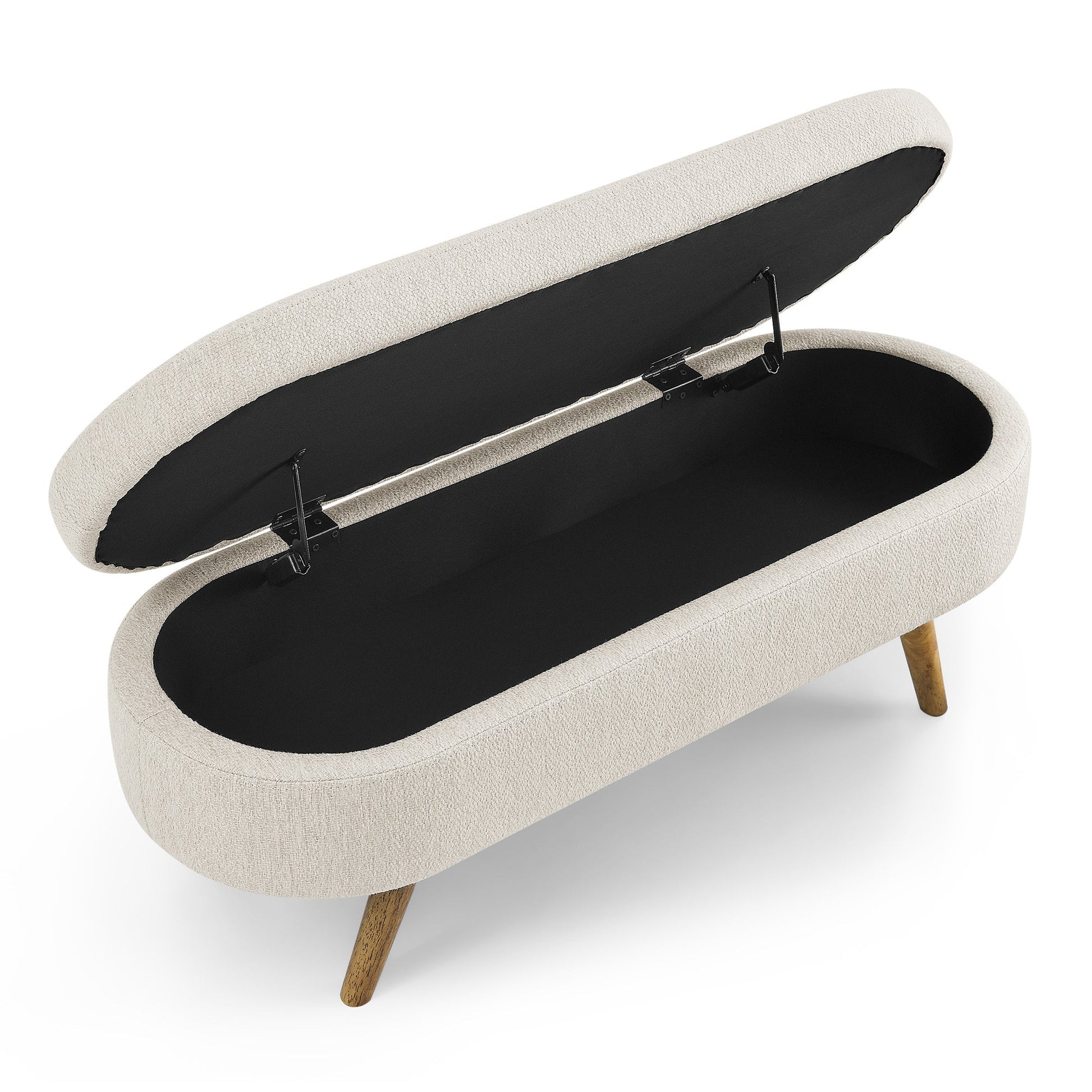 Beige storage bench with open lid on a white background