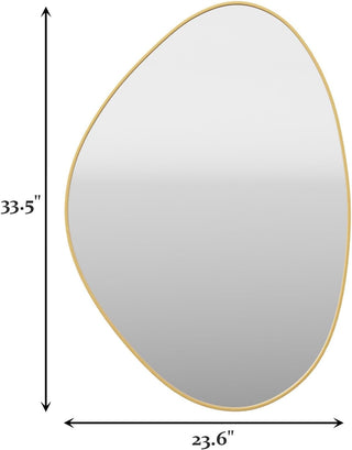 Round mirror with gold frame and dimensions labeled
