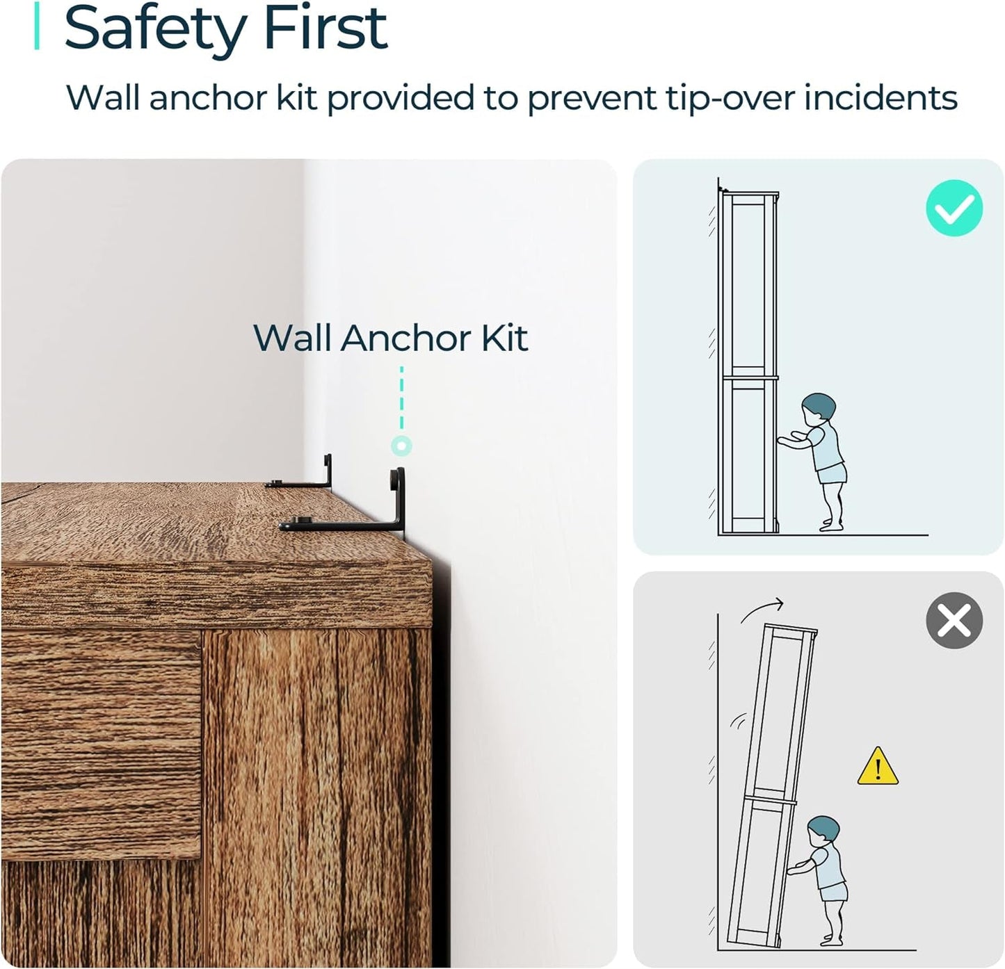 Wall anchor kit for furniture stability with safety illustrations.