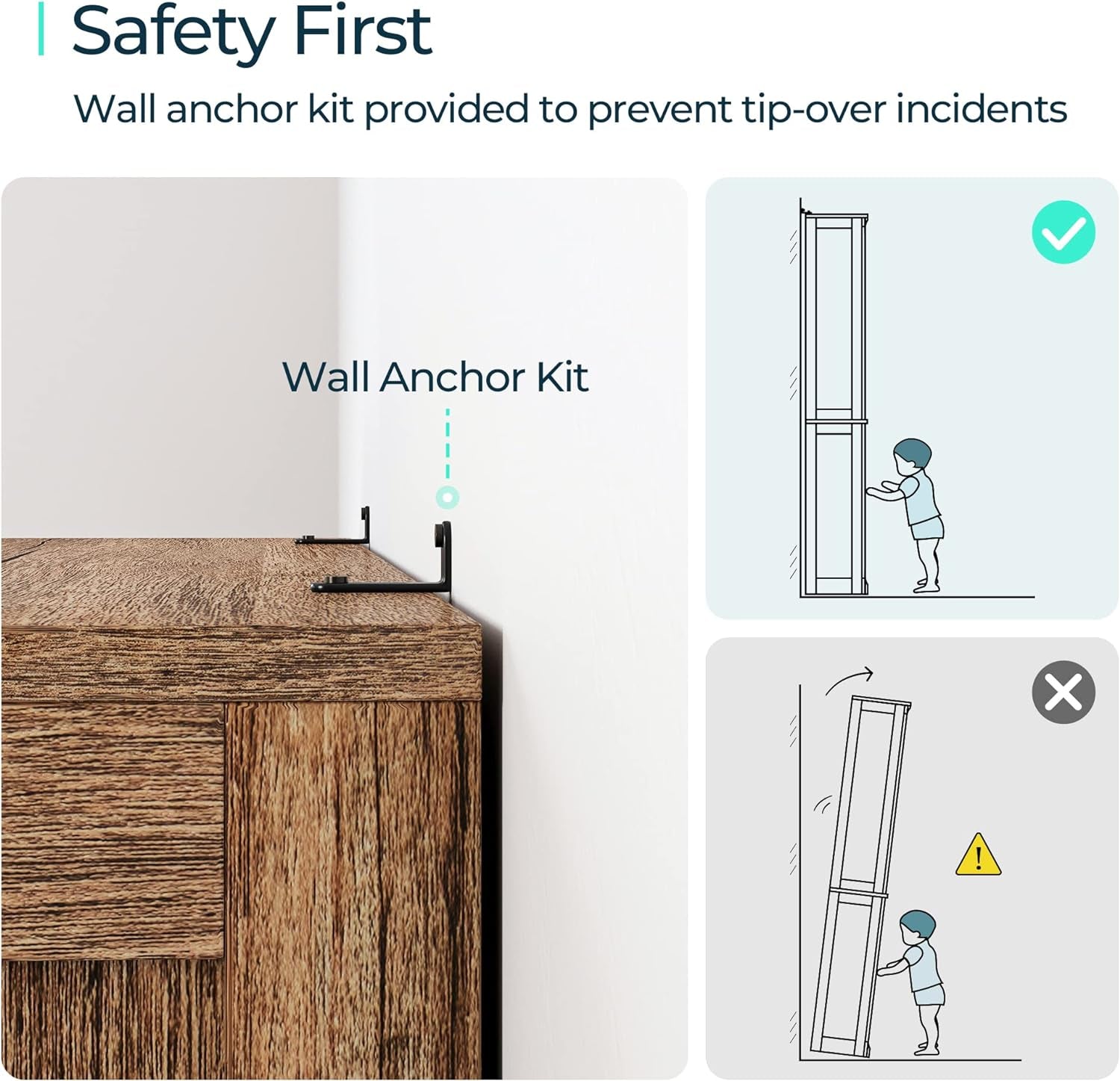 Wall anchor kit for furniture stability with safety illustrations.