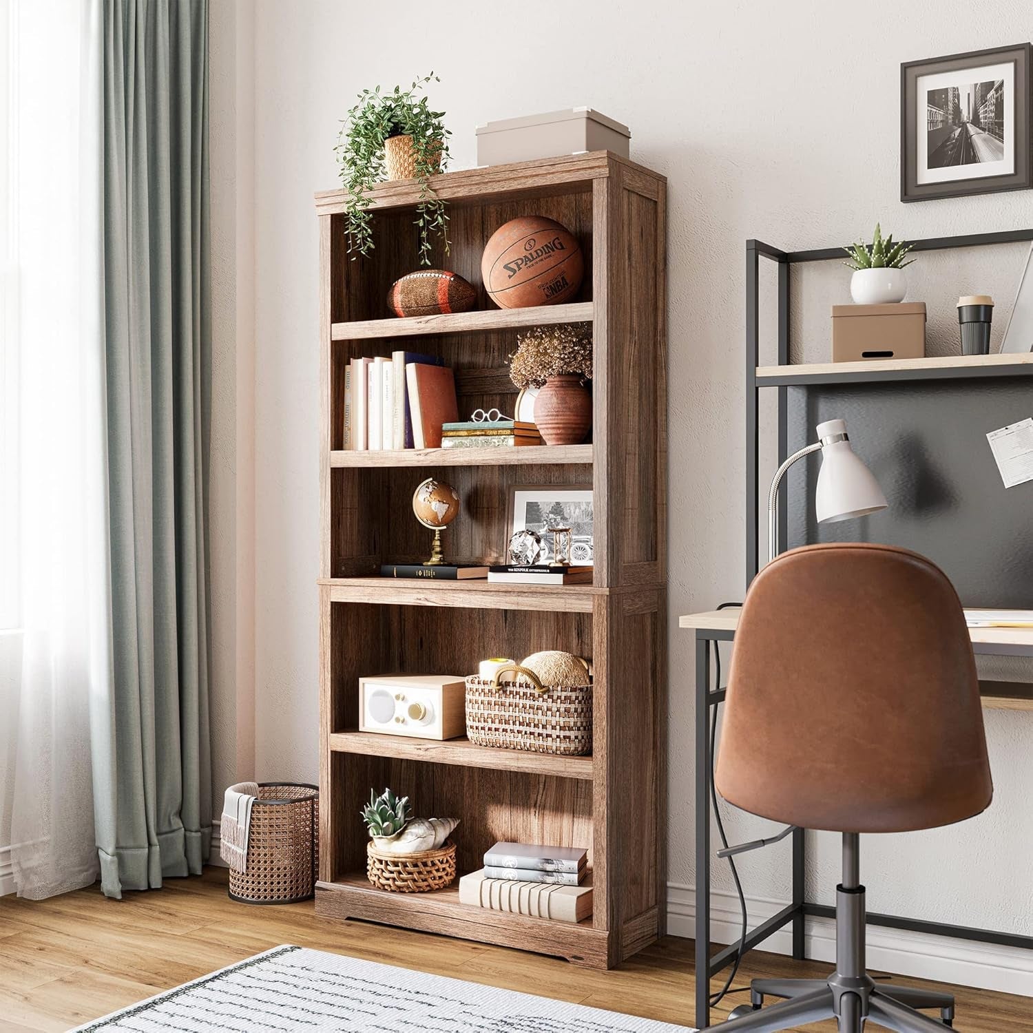 Wooden bookshelf with decorative items in a home office setting