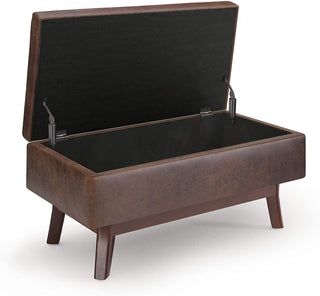 Brown storage ottoman with open lid on a white background