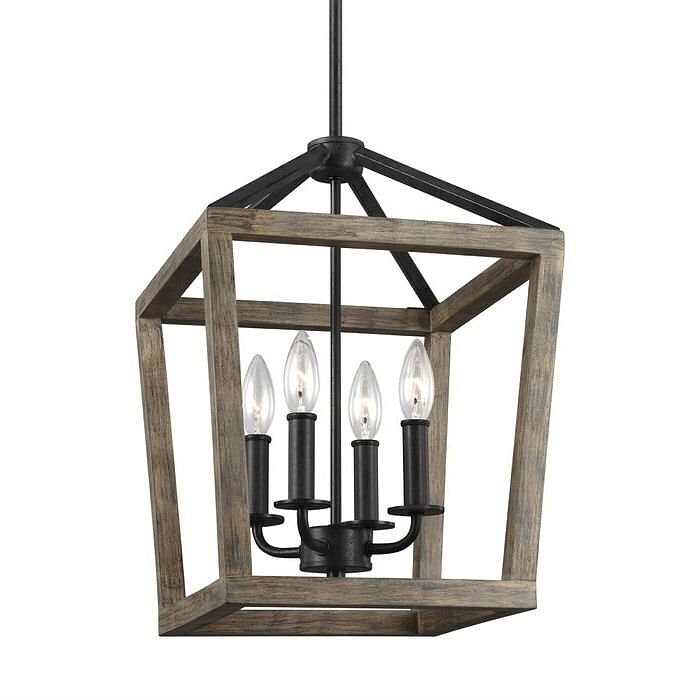 Black Weathered Oak and Antique Forged 4 Light Chandelier
