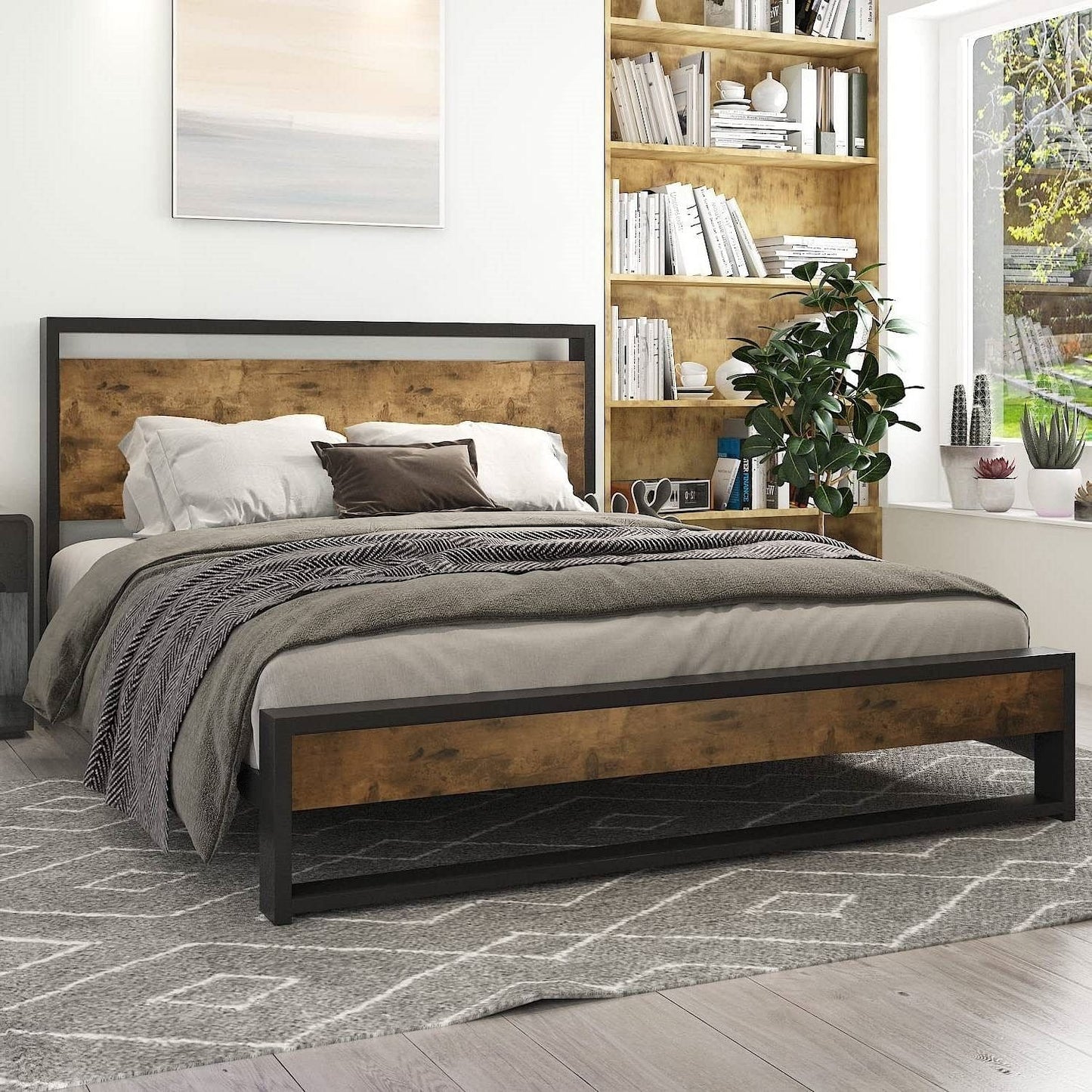 Full Modern Farmhouse Platform Bed with Wood Headboard