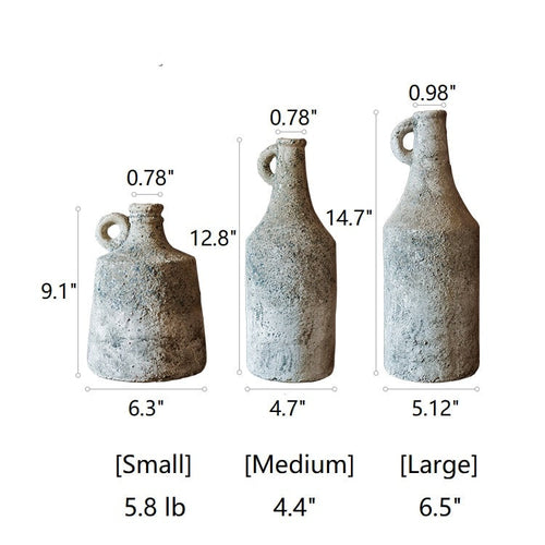 Three stone vases with measurements and weights on a white background