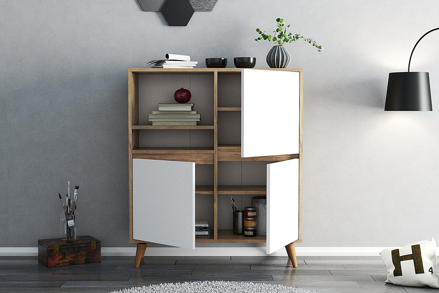 Modern wooden cabinet with white doors in a room setting