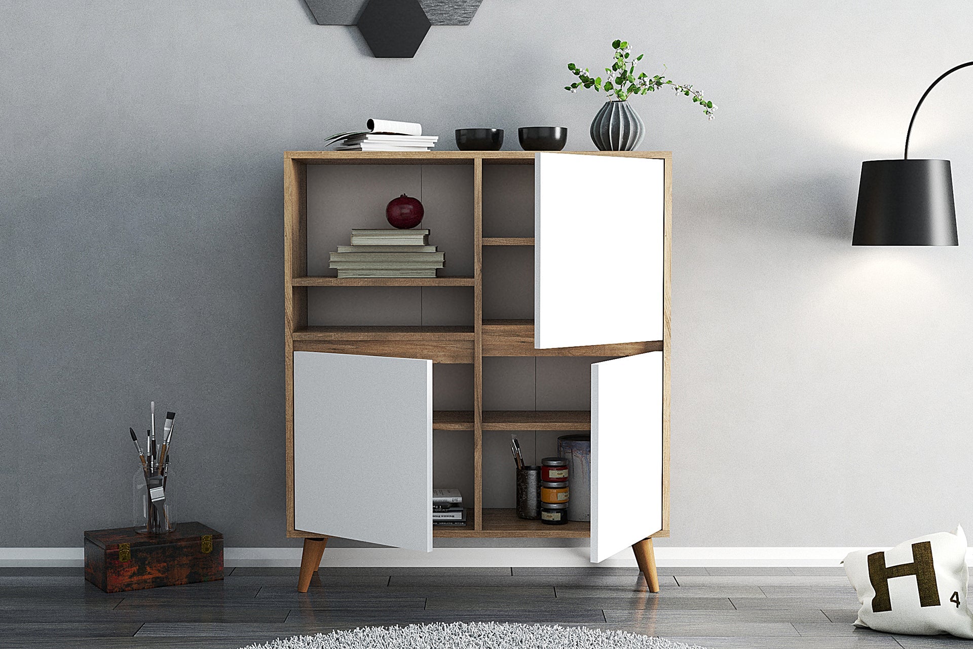 Modern wooden cabinet with white doors in a room setting
