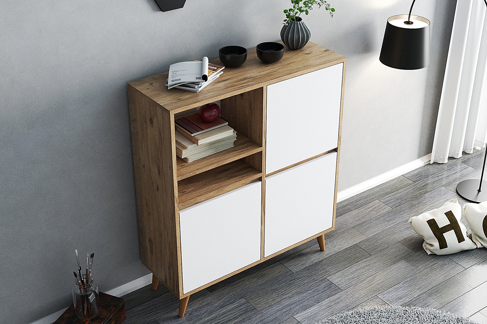 Wooden sideboard with white doors in a room setting