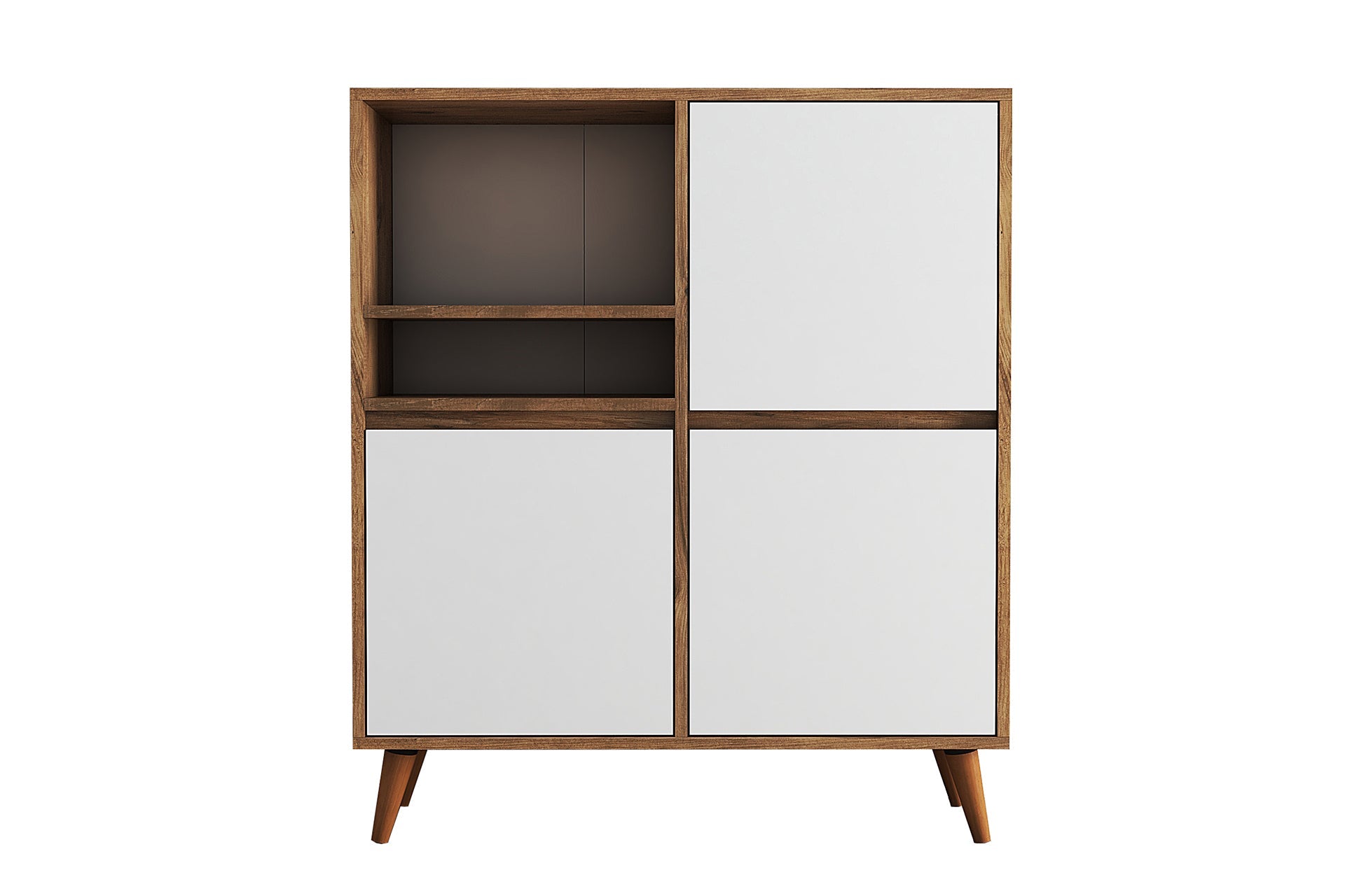 Wooden cabinet with white doors on a white background
