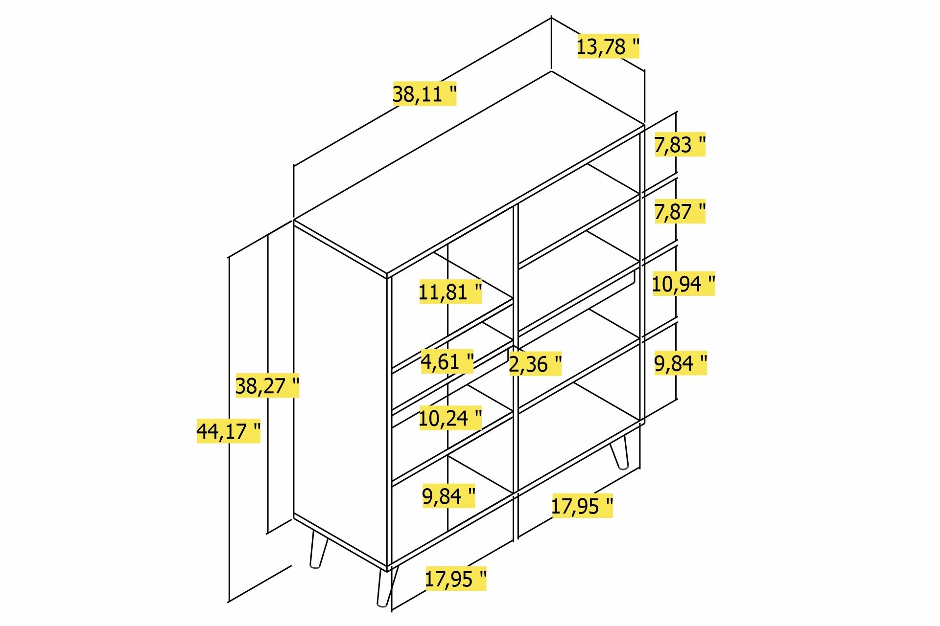 3D measurement chart of a bookshelf with dimensions labeled in inches.