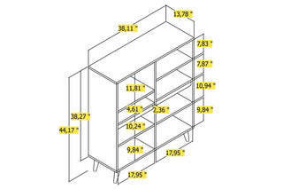 3D measurement chart of a bookshelf with dimensions labeled in inches.