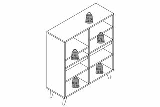 Line drawing of a storage cabinet with weight labels on shelves