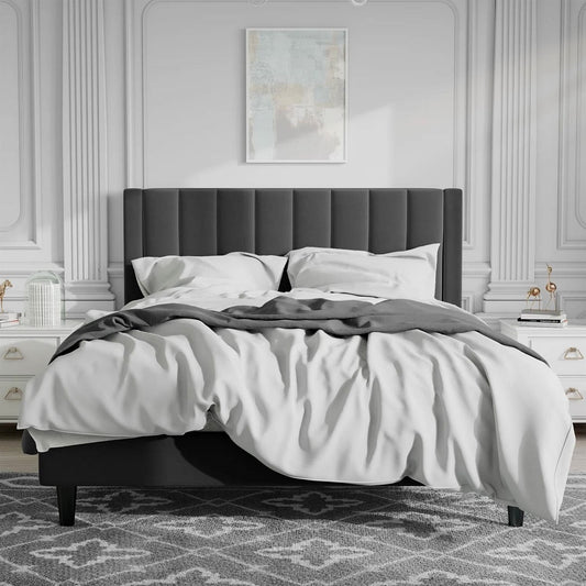 Queen Black Velvet Platform Bed