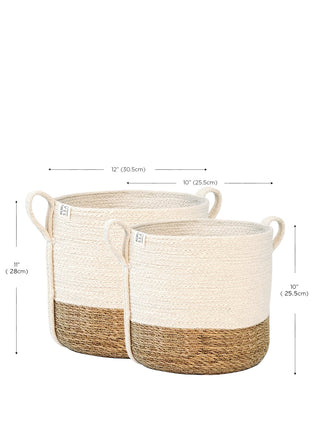 Two woven baskets with dimensions displayed on a white background