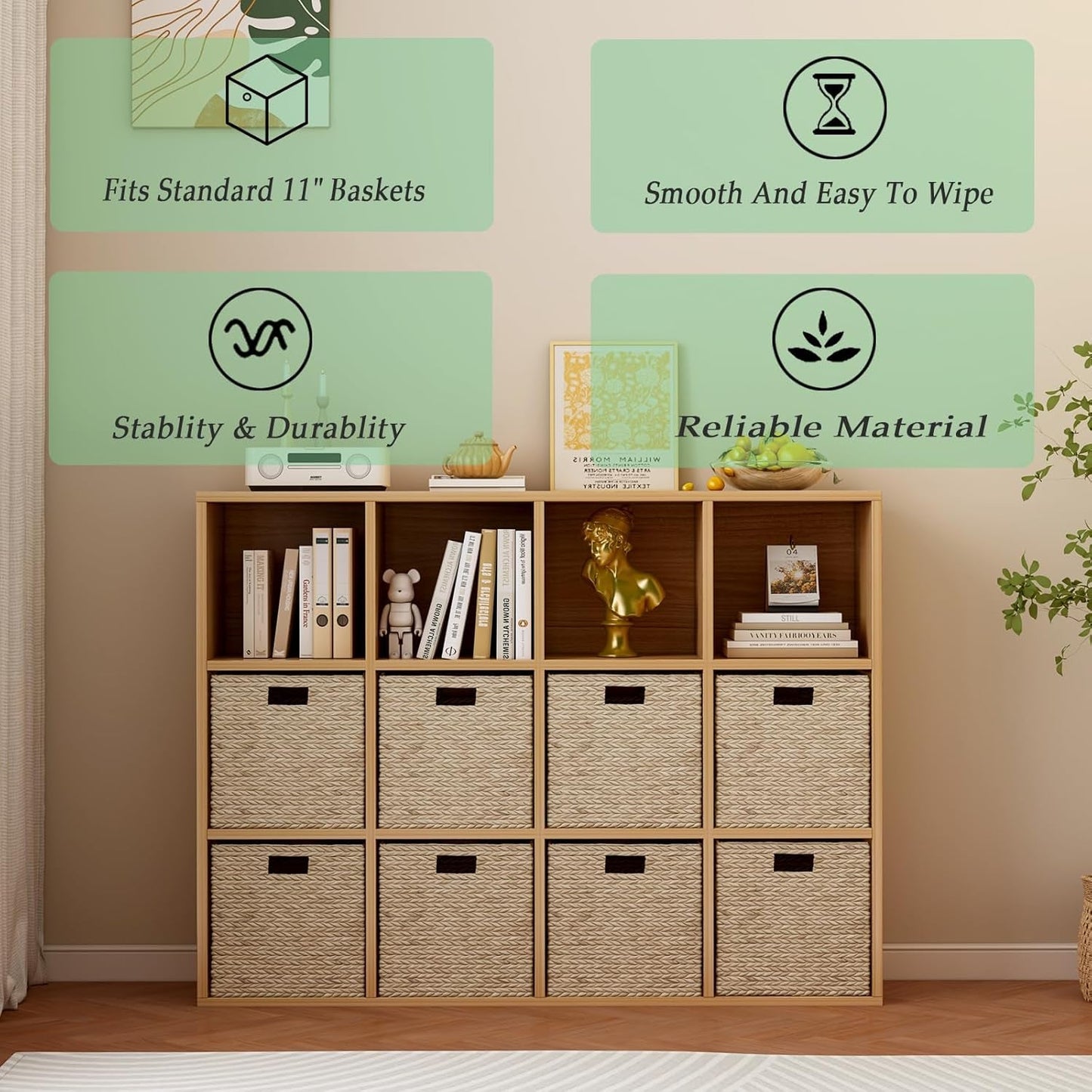 Wooden storage unit with woven baskets against a beige wall with text about product features.