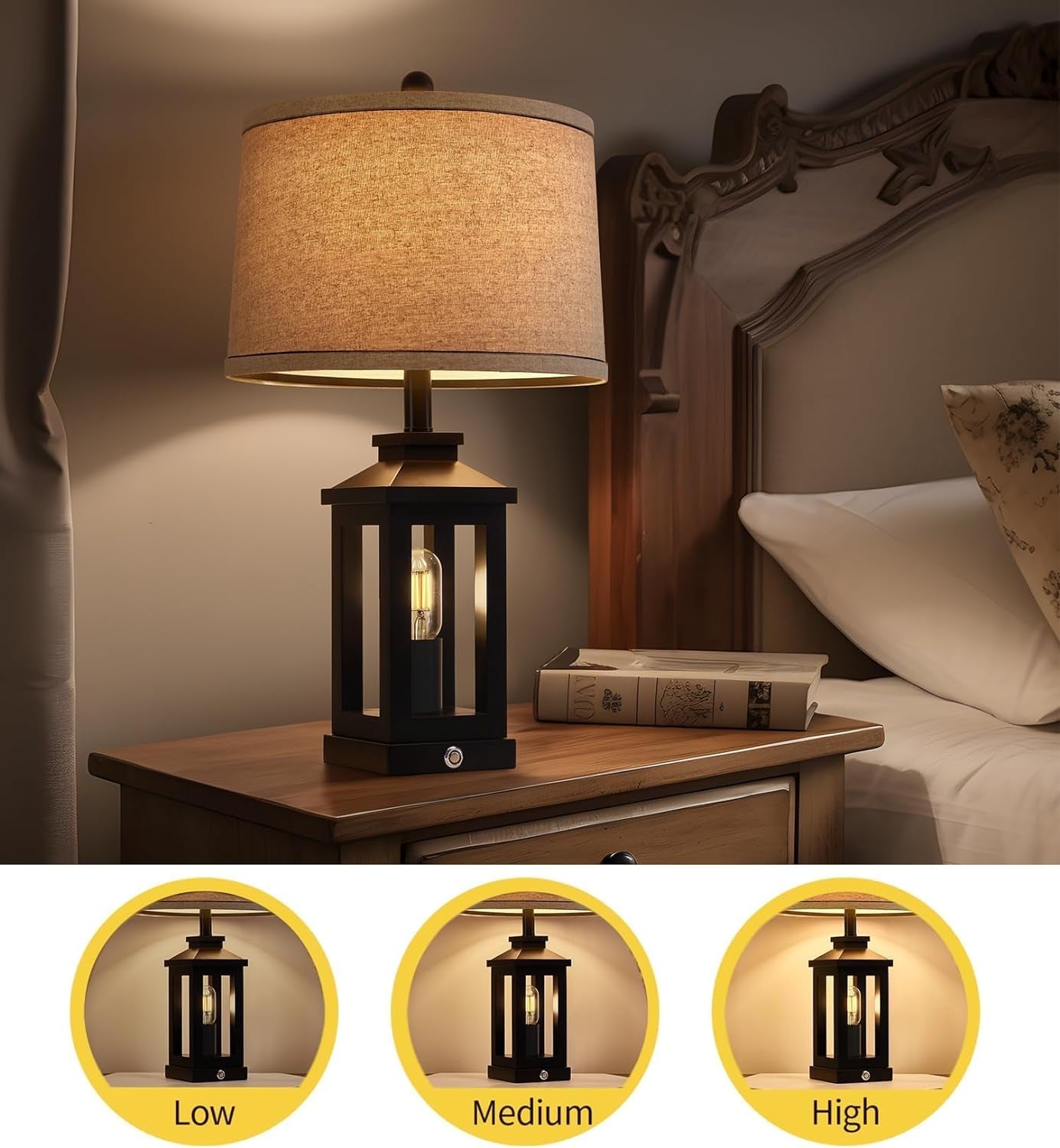 Decorative table lamp on a bedside table with three light intensity indicators.