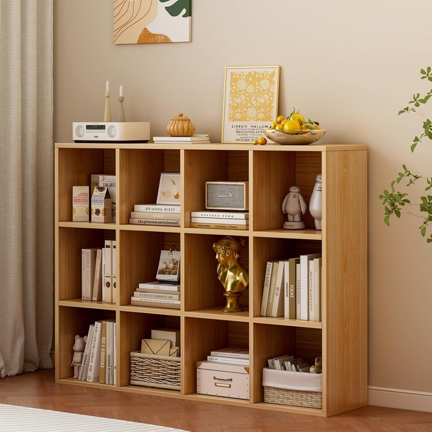 Wooden bookshelf with decorative items in a room setting