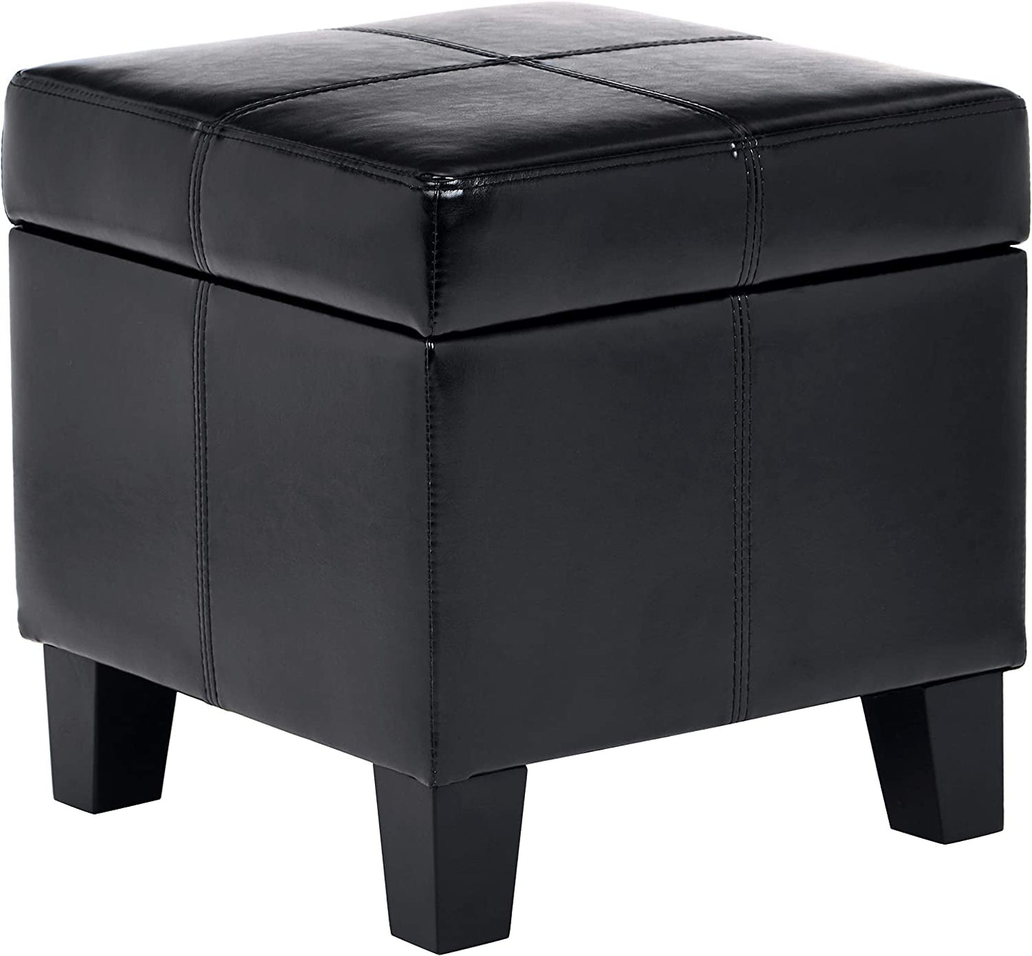 Black leather storage ottoman on a white background