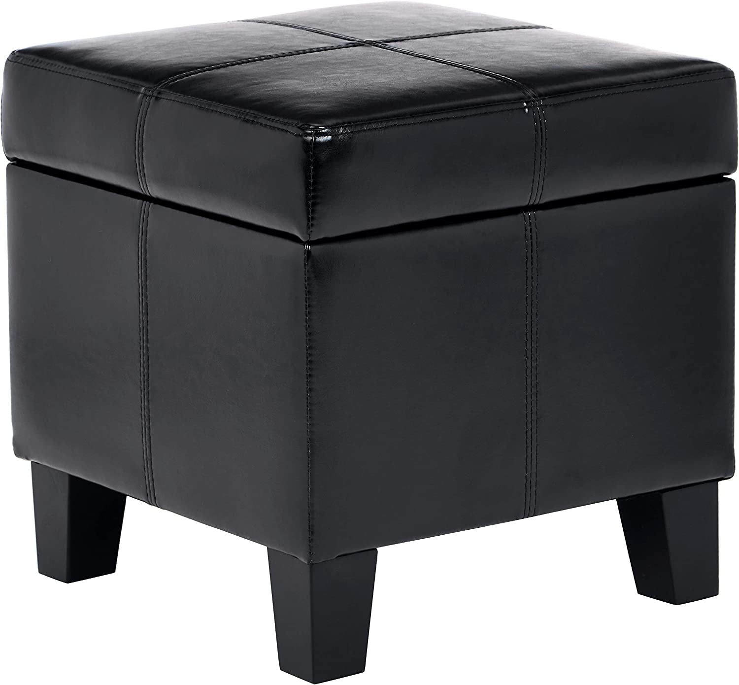 Black leather storage ottoman on a white background