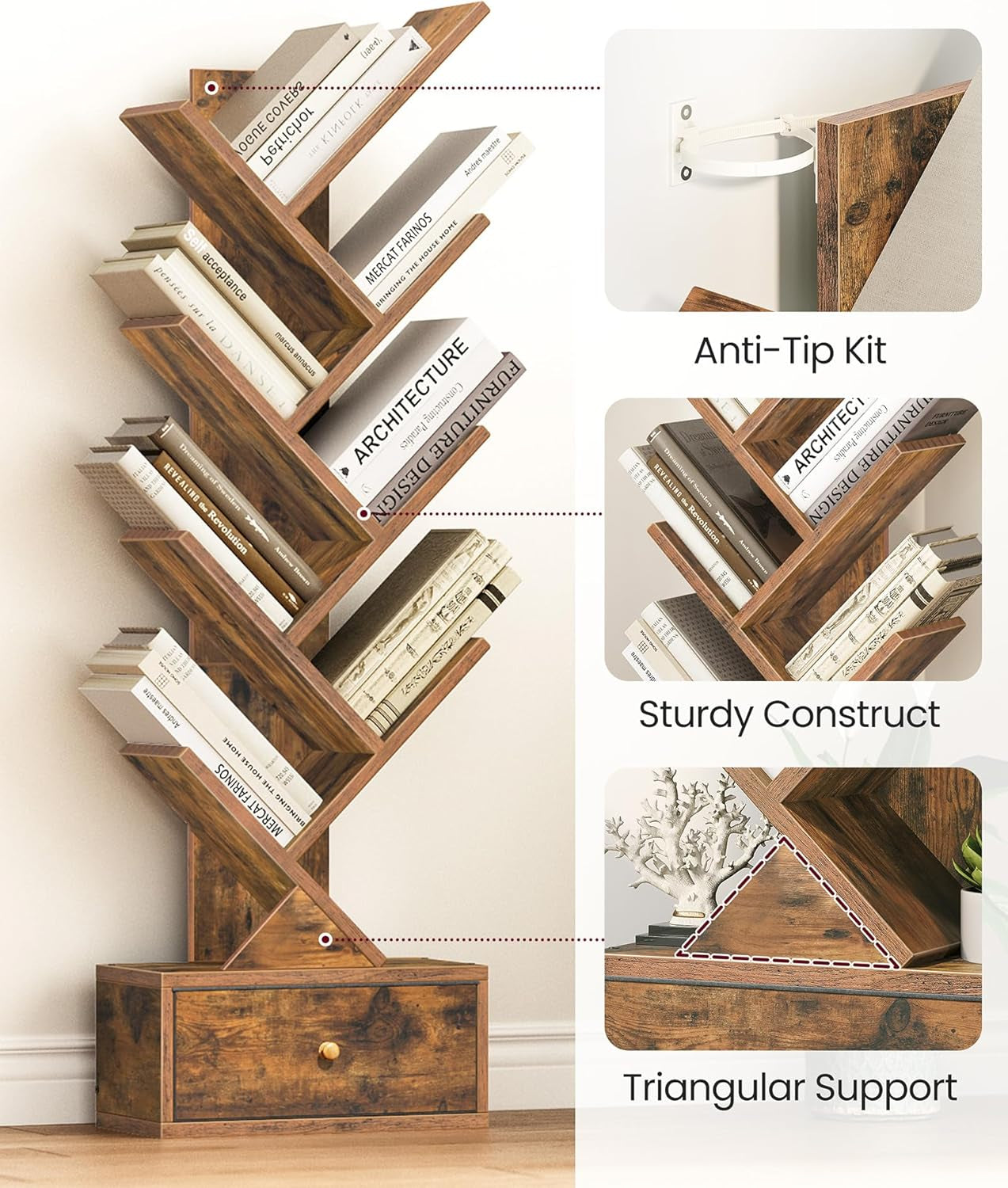 Wooden zigzag bookshelf with books, anti-tip kit, sturdy construct, and triangular support features.